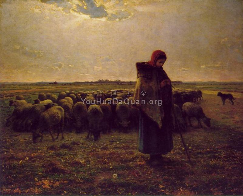 Shepherdess with Her Flock - 让·弗朗索瓦·米勒